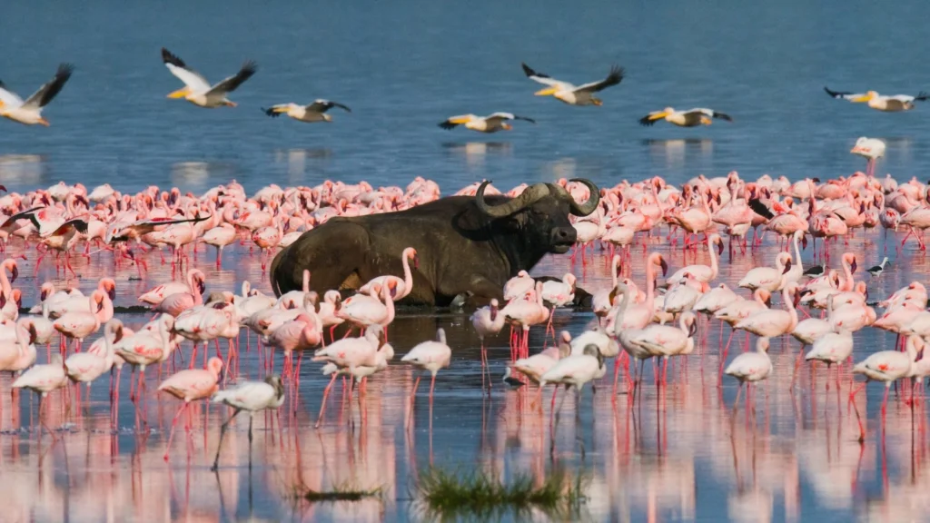 Buffalo lying in the water on the background of big flocks of flamingos Kenya Africa Nakuru National Park Sarafu travel